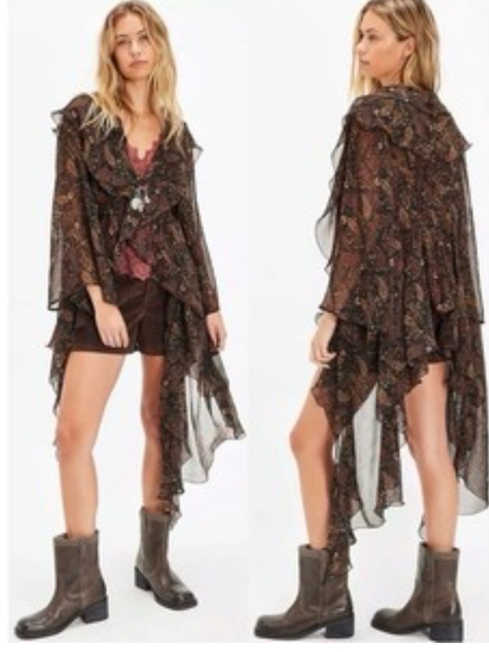 Free People Sheer Floral Ruffle Kimono duster in Brown paisley